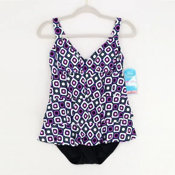 Swim Solutions Women Purple Tiered Tummy Control One-Piece Swimsuit Size US 8 - Picture 3 of 9